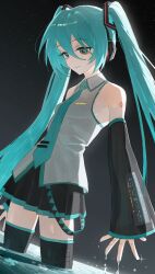 Rule 34 | 1girl, aqua eyes, aqua hair, aqua necktie, bare shoulders, breasts, collared shirt, commentary, cowboy shot, detached sleeves, frost fog, grey shirt, hair ornament, hatsune miku, headphones, headset, highres, light smile, long hair, looking down, miniskirt, necktie, night, night sky, pleated skirt, shirt, skirt, sky, sleeveless, sleeveless shirt, small breasts, smile, solo, standing, standing on liquid, star (sky), starry sky, thighhighs, tie clip, twintails, very long hair, vocaloid, wading, water, water drop, wet, zettai ryouiki