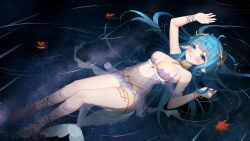Rule 34 | 1girl, afloat, ahoge, arms up, blue hair, blush, breasts, cleavage, fins, fish tail, hair ornament, harem outfit, head fins, highres, in water, indie virtual youtuber, jewelry, large breasts, leaf, long hair, maple leaf, merak (vtuber), midriff, navel, neck ring, night, night sky, open mouth, reflection, reflective water, sky, star (sky), swimsuit, tail, thigh strap, thighs, virtual youtuber, water, white clover (unfy8472), wristband