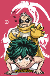 Rule 34 | 2boys, boku no hero academia, cape, copyright name, cup, delicious p, disposable cup, domino mask, drinking straw, drinking straw in mouth, exercising, facing viewer, freckles, gloves, gran torino (boku no hero academia), green eyes, green hair, highres, looking at viewer, male focus, mask, midoriya izuku, multiple boys, nose bubble, old, old man, push-ups, red background, short hair, smile, topless male, white hair, wrinkled skin, yellow cape, yellow gloves, zzz
