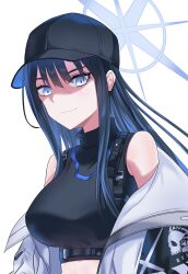 Rule 34 | 1girl, bare shoulders, baseball cap, black hat, black shirt, blue archive, blue eyes, blue hair, breasts, coat, commentary request, crop top, hat, highres, large breasts, long hair, looking at viewer, midriff, off shoulder, saori (blue archive), shirt, simple background, sleeveless, sleeveless shirt, smile, solo, upper body, white background, white coat, yamichi (yamichi8369)