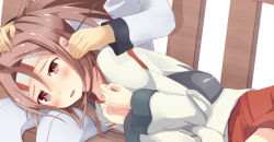 Rule 34 | 10s, 1boy, 1girl, admiral (kancolle), bad id, bad pixiv id, blush, brown eyes, brown hair, ear cleaning, headband, highres, kantai collection, lap pillow, lying on lap, lying on person, mimikaki, muneate, patisurotto, ponytail, sitting, sketch, zuihou (kancolle)