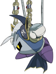 Rule 34 | 1boy, armor, cape, chain, chained, gloves, isibatamako, kirby (series), male focus, mask, meta knight, nintendo, pauldrons, shoulder armor, simple background, solo, sweat, white background, white gloves, yellow eyes