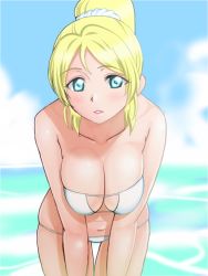 Rule 34 | 1girl, ayase eli, bare shoulders, beach, bent over, bikini, blonde hair, blue eyes, blush, breasts, breasts squeezed together, cleavage, collarbone, female focus, high ponytail, leaning forward, looking at viewer, love live!, love live! school idol project, medium breasts, momi age, navel, ocean, outdoors, solo, standing, swimsuit, white bikini