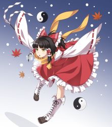 Rule 34 | 1girl, autumn leaves, black hair, blouse, boots, cross-laced footwear, full body, gradient background, hakurei reimu, highres, knee boots, kyuutou (kyuutouryuu), lace-up boots, long hair, red shirt, scarf, shirt, sleeveless, sleeveless shirt, snowing, solo, thighhighs, touhou, yellow eyes