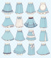 Rule 34 | 6+girls, apron, blue background, blue bow, blue skirt, bow, checkered background, cropped legs, diagonal-striped clothes, diagonal-striped skirt, frilled apron, frilled skirt, frills, highres, lower body, multiple girls, original, pleated skirt, sakura oriko, skirt, striped clothes, striped skirt, vertical-striped clothes, vertical-striped skirt, waist apron, white apron, white bow, white skirt