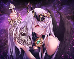 Rule 34 | 1girl, bad id, bad pixiv id, black theme, dark, dark background, demon girl, demon wings, fang, h2o (dfo), holding, holding weapon, horns, long hair, looking at viewer, original, pink eyes, pointy ears, profile, shaded face, silver hair, skull, solo, sword, weapon, wings