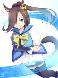 Rule 34 | 1girl, air groove (umamusume), alternate hair length, alternate hairstyle, animal ears, arm guards, arms under breasts, black thighhighs, bow, bowtie, brown hair, commentary request, commission, crossed arms, ear bow, ear chain, eyeliner, eyes visible through hair, feet out of frame, grey eyes, hair over one eye, high ponytail, highres, horse ears, horse girl, horse tail, long hair, looking at viewer, magical girl, makeup, nekonetoru take, pixiv commission, puffy short sleeves, puffy sleeves, short sleeves, simple background, solo, tail, thighhighs, umamusume, white background, yellow bow, yellow bowtie
