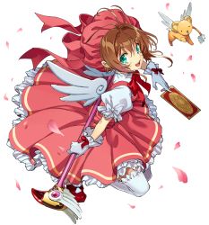 Rule 34 | 1girl, :d, antenna hair, aqua eyes, ayanon, between fingers, bow, brown hair, card, cardcaptor sakura, clow card, creature, dress, from above, full body, fuuin no tsue, gloves, hat, hat bow, highres, holding, holding wand, kero (cardcaptor sakura), kinomoto sakura, magical girl, open mouth, petals, petticoat, puffy short sleeves, puffy sleeves, red dress, red footwear, red headwear, short hair, short sleeves, smile, thighhighs, wand, white background, white bow, white gloves, white thighhighs, white wings, wings