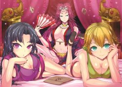 Rule 34 | 10s, 3girls, armpit peek, bare arms, bare shoulders, bed, black hair, blonde hair, blush, breasts, canopy bed, center opening, cleavage, closed mouth, crop top, hand fan, folding fan, green eyes, hair ornament, hair ribbon, highleg, highleg panties, holding fan, jewelry, kasai shin, large breasts, loincloth, long hair, looking at viewer, lukkage (suisei no gargantia), lying, multiple girls, navel, necklace, off shoulder, on bed, on side, on stomach, panties, paraem, parinuri, parted lips, purple eyes, purple hair, purple ribbon, ribbon, short hair, sitting, smile, sparkle, statue, stomach, suisei no gargantia, tress ribbon, underwear, yellow panties