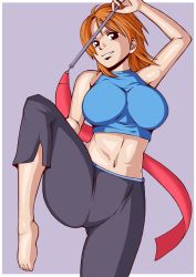 Rule 34 | 1girl, breasts, cleavage, feet, female focus, nami (one piece), navel, one piece, orange hair, pants, short hair, solo, stomach, thighs, tight clothes, tight pants, yoga pants