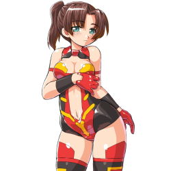 Rule 34 | 10s, 1girl, aqua eyes, arm behind back, armband, arrow (symbol), bad id, bad pixiv id, bare shoulders, black hair, blush, breasts, brown hair, busou shinki, cleavage, cleavage cutout, clothing cutout, contrapposto, cowboy shot, dd (ijigendd), gloves, green eyes, high ponytail, hip focus, lancamento, leotard, looking at viewer, medium breasts, navel, navel cutout, parted bangs, ponytail, red gloves, short hair, short ponytail, simple background, solo, standing, thighhighs, white background