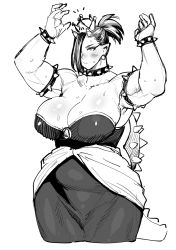 Rule 34 | 1girl, armlet, asymmetrical bangs, belly, black dress, blush, bowser, bowser (cosplay), bracelet, breasts, cleavage, collar, cosplay, cropped legs, crown, curvy, dress, earrings, elf-san wa yaserarenai., greyscale, hair over one eye, hands up, highres, horns, huge breasts, jewelry, looking up, monochrome, muscular, muscular female, navel, oga (elf-san wa yaserarenai.), ogre, oni, oni horns, plump, pointy ears, ponytail, shell, short hair, simple background, slit pupils, solo, spiked armlet, spiked bracelet, spiked collar, spikes, standing, super crown, sweat, synecdoche, tail, thick arms, thick thighs, thighs, turtle shell, white background
