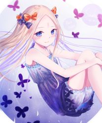 Rule 34 | 1girl, abigail williams (fate), adapted costume, bare arms, bare shoulders, black bow, blonde hair, bloomers, blue eyes, blush, bow, bug, butterfly, closed mouth, commentary request, copyright name, dated, dress, fate/grand order, fate (series), forehead, hair bow, highres, insect, kinom (sculpturesky), knees up, long hair, looking at viewer, multiple hair bows, orange bow, parted bangs, polka dot, polka dot bow, purple dress, signature, sleeveless, sleeveless dress, smile, solo, underwear, very long hair, white bloomers