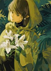 Rule 34 | 1girl, absurdres, black eyes, brown cloak, brown hair, chinese commentary, cloak, closed mouth, flower, green theme, highres, holding, holding flower, hood, hooded cloak, leaf, light particles, lily (flower), long hair, looking at viewer, mengxiaheqing, mole, mole under eye, original, plant, pointy ears, sidelocks, solo, white flower
