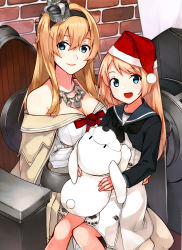 Rule 34 | 2girls, absurdres, blonde hair, blue eyes, blue sailor collar, braid, corset, crown, doll, dress, flower, french braid, hat, highres, holding, holding doll, jervis (kancolle), jewelry, kantai collection, konishi (koconatu), long hair, long sleeves, looking at viewer, mini crown, multiple girls, necklace, off-shoulder dress, off shoulder, official art, red flower, red ribbon, red rose, ribbon, rose, sailor collar, sailor dress, santa hat, scan, scan artifacts, sitting, sitting on lap, sitting on person, stuffed animal, stuffed toy, thighhighs, throne, warspite (kancolle), white dress, white legwear
