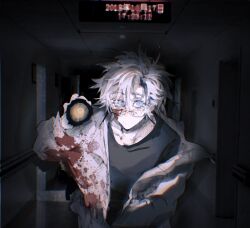 Rule 34 | 1boy, black shirt, blood, blood on clothes, blood on face, blue eyes, chinese commentary, closed mouth, commentary request, flashlight, glasses, highres, holding, holding flashlight, kanou aogu, lab coat, long sleeves, male focus, open clothes, pale skin, rectangular eyewear, saibou shinkyoku, semi-rimless eyewear, shirt, short hair, solo, white hair, yu de zui tao