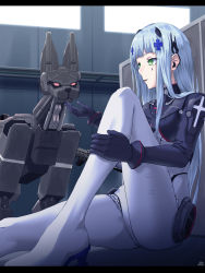 Rule 34 | 1girl, black gloves, blue hair, bodysuit, boots, breasts, flatbox, girls&#039; frontline, gloves, green eyes, hair ornament, hairclip, headphones, high heel boots, high heels, highres, hk416 (girls&#039; frontline), hk416 (midnight evangelion) (girls&#039; frontline), long hair, long sleeves, looking at object, medium breasts, non-humanoid robot, official alternate costume, on floor, open mouth, pilot suit, robot animal, robot dog, solo, teardrop facial mark, teardrop tattoo, tight clothes