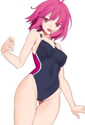 Rule 34 | 1girl, :d, antenna hair, bare arms, bare shoulders, black one-piece swimsuit, collarbone, commentary request, competition swimsuit, covered erect nipples, covered navel, gluteal fold, groin, highres, jilu, looking at viewer, one-piece swimsuit, open mouth, original, pink hair, red eyes, simple background, smile, solo, swimsuit, white background
