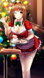 Rule 34 | 1girl, ;), black bow, blurry, blurry background, bow, box, breasts, brown eyes, brown hair, cleavage, closed mouth, collarbone, detached collar, doukyuusei another world, floating hair, frilled skirt, frills, game cg, garter straps, gift, gift box, green neckwear, hair bow, hair intakes, holding, holding box, holding plate, kakyuusei 2, leaning forward, lens flare, long hair, medium breasts, miniskirt, official art, one eye closed, plate, red shirt, red skirt, saimon tamaki, santa costume, shirt, short sleeves, skirt, smile, solo, sparkle, standing, thighhighs, very long hair, white thighhighs, wrist cuffs, zettai ryouiki