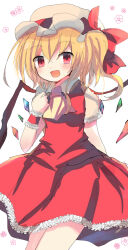 Rule 34 | 1girl, ascot, blonde hair, blush, bow, bracelet, breasts, collared shirt, cowboy shot, crystal, dot nose, flandre scarlet, frilled bracelet, frilled shirt, frilled skirt, frills, hand on own chest, hat, hat bow, highres, jewelry, ke-a-ru, layered clothes, legs together, looking at viewer, mob cap, one-hour drawing challenge, open mouth, pleated skirt, raised eyebrows, rectangular mouth, red bow, red eyes, red shirt, red skirt, shirt, short sleeves, side ponytail, simple background, skirt, small breasts, smile, solo, thighs, touhou, white background, white hat, wings, yellow ascot