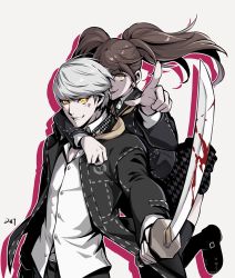 Rule 34 | 1boy, 1girl, absurdres, blood, bloody weapon, brown hair, da-cart, evil smile, highres, holding, holding sword, holding weapon, hug, hug from behind, katana, kujikawa rise, looking at viewer, narukami yuu, persona, persona 4, persona 4: the ultimate in mayonaka arena, persona 4: the ultimax ultra suplex hold, pointing, pointing at viewer, school uniform, shadow (persona), shadow rise, shadow yu, smile, sword, twintails, watermark, weapon, yasogami school uniform, yellow eyes