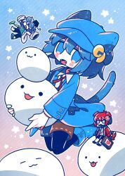 Rule 34 | 1other, 2boys, androgynous, animal ear headwear, animal ears, blue background, blue eyes, blue hair, blue jacket, blush stickers, boots, brown shorts, cabbie hat, cat tail, chibi, coke-bottle glasses, collared shirt, commentary, covered eyes, creature, debug hakase (yaigi), dog ears, dog tail, error-kun (yaigi), eyewear on head, fake animal ears, fangs, glasses, godot-san (yaigi), godot (game engine), gradient background, grey eyes, grey hair, hair ornament, hair over eyes, hat, highres, holding, holding creature, holding sign, jacket, jitome, lab coat, looking at viewer, mini person, miniboy, mortarboard, multiple boys, neck ribbon, open mouth, pantyhose, pantyhose under shorts, red hair, red jacket, red ribbon, ribbon, shirt, short hair, shorts, sign, slippers, smile, star (symbol), starry background, symbol-only commentary, tail, x, x hair ornament, yaigi