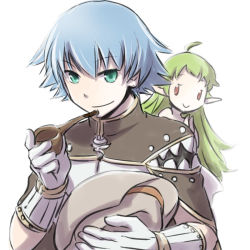 Rule 34 | 1boy, 1girl, ahoge, blue hair, brown cape, brown headwear, caduceus, cape, closed mouth, commentary request, creator (ragnarok online), gloves, green eyes, green hair, hat, unworn hat, unworn headwear, holding, holding clothes, holding hat, holding smoking pipe, lif (ragnarok online), living clothes, long hair, looking at viewer, male focus, natsuya (kuttuki), pointy ears, ragnarok online, red eyes, shirt, short hair, simple background, smile, smoking pipe, solo focus, teeth, upper body, white background, white gloves, white shirt