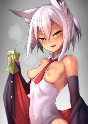 Rule 34 | 1girl, :d, animal ears, bare shoulders, black gloves, blush, breasts, breasts out, covered navel, dark-skinned female, dark skin, elbow gloves, fingerless gloves, fox ears, gloves, jacket, juice box, looking at viewer, md5 mismatch, necktie, nipples, open mouth, original, small breasts, smile, solo, sunoko (nishino), sweat, waero, white hair, yellow eyes