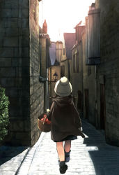 Rule 34 | 1girl, alley, backlighting, bad id, bad pixiv id, basket, beanie, child, city, from behind, hat, original, road, ryou (kimagure), solo, street, town, vanishing point, walking