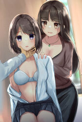 Rule 34 | 1boy, 2girls, black skirt, bra, breasts, brown eyes, brown hair, brown sweater, cleavage, curtains, dress shirt, empty eyes, grabbing another&#039;s chin, hand on another&#039;s chin, hand on another&#039;s shoulder, highres, hypnosis, indoors, jewelry, large breasts, long hair, long sleeves, medium breasts, mind control, miniskirt, multiple girls, navel, necklace, off shoulder, open clothes, open mouth, open shirt, original, parted lips, pleated skirt, purple eyes, shirt, short hair, sitting, skirt, smile, sweater, swept bangs, underwear, variant0083, white bra, white shirt