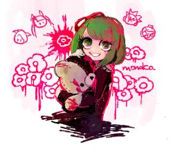 Rule 34 | 1girl, blood, blood on clothes, bow, character name, child, danganronpa (series), danganronpa another episode: ultra despair girls, female focus, green eyes, green hair, grin, hair bow, hair ribbon, highres, holding, holding stuffed animal, holding stuffed toy, long sleeves, looking at viewer, matching hair/eyes, monokuma, open mouth, pink blood, red bow, red ribbon, ribbon, simple background, smile, solo, solo focus, stuffed animal, stuffed toy, teeth, towa monaca, upper body, white background