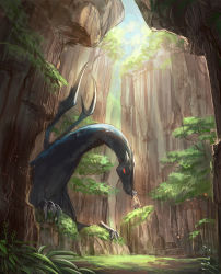 Rule 34 | 1girl, bad id, bad pixiv id, canyon, cape, cliff, day, dragon, fake horns, grass, headpat, helmet, highres, horned helmet, original, outdoors, plant, red eyes, rock, scenery, shichigatsu, sunlight, tree, yellow cape