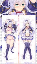 Rule 34 | 1girl, ahoge, arms up, asymmetrical gloves, bed sheet, billie (meng gong fang), blue hairband, blue thighhighs, blush, bra, breasts, capelet, choker, cleavage, clothes lift, crop top, from above, full body, garter straps, gloves, green eyes, grey gloves, groin, hair between eyes, hair ribbon, hairband, head tilt, highres, long hair, looking at viewer, lying, medium breasts, midriff, miniskirt, multiple views, navel, neck ribbon, on back, panties, panty pull, pink bra, pink panties, pleated skirt, red ribbon, ribbon, rokudenashi majutsu koushi to akashic record, silver hair, sistine fibel, skirt, skirt lift, smile, stomach, thighhighs, underwear, uneven gloves, very long hair, white ribbon, white skirt, wrist cuffs