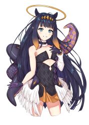 Rule 34 | 1girl, absurdres, bare shoulders, black dress, black gloves, black hair, blue eyes, brown hair, commentary, cropped legs, detached sleeves, dress, feathered wings, gloves, gradient hair, grin, halo, highres, hololive, hololive english, long hair, long sleeves, looking at viewer, low wings, multicolored hair, ninomae ina&#039;nis, ninomae ina&#039;nis (1st costume), senguyen1011, simple background, single detached sleeve, smile, solo, strapless, strapless dress, tentacles, very long hair, virtual youtuber, white background, white sleeves, white wings, wings