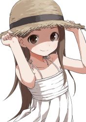 Rule 34 | 1girl, absurdres, bare shoulders, brown hair, check commentary, commentary request, dress, hat, highres, karakai jouzu no takagi-san, long hair, looking at viewer, simple background, smile, solo, straw hat, sundress, takagi-san, upper body, white background, white dress, yamamoto souichirou