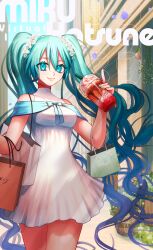 1girl 39 86ch absurdres aqua_eyes aqua_hair aqua_nails bag blue_hair breasts character_name commentary_request dress drink english_text gradient_hair hair_between_eyes hatsune_miku highres holding holding_drink light_rays lips long_hair looking_at_viewer multicolored_hair outdoors purple_hair shopping_bag solo twintails very_long_hair vocaloid white_dress