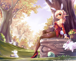 Rule 34 | 1girl, animal ears, blonde hair, blood elf (warcraft), rabbit, detached sleeves, fake animal ears, forest, green eyes, high heels, legs, nature, pantyhose, playboy bunny, pointy ears, ponytail, rabbit ears, rabbit tail, shoes, sitting, solo, tail, tree, warcraft, windforcelan, world of warcraft