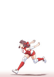 Rule 34 | 1girl, absurdres, brown eyes, brown hair, commentary request, elbow pads, girls und panzer, headband, highres, knee pads, kondou taeko, leaning forward, medium hair, outstretched arms, partial commentary, red headband, red shirt, red shorts, red socks, running, satou yasu, shirt, shoes, short shorts, shorts, simple background, single vertical stripe, sleeveless, sleeveless shirt, sneakers, socks, solo, sportswear, spread arms, volleyball uniform, white background, white footwear