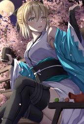 Rule 34 | 1girl, absurdres, armpits, black thighhighs, blonde hair, boots, bow, cherry blossoms, cherry tree, cup, dango, falling petals, fate/grand order, fate (series), food, full moon, hair between eyes, hair bow, hand up, haori, highres, holding, holding cup, japanese clothes, kimono, long hair, moon, night, night sky, obi, off shoulder, okita souji (fate), okita souji (koha-ace), open mouth, outdoors, petals, ponytail, sash, sitting, sky, sleeveless, sleeveless kimono, solo, thigh boots, thighhighs, toukan, wagashi, white kimono, wide sleeves, yellow eyes