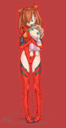 Rule 34 | 1girl, adapted costume, aqua eyes, boots, border, bracer, breasts, brown hair, covered mouth, crossed arms, doll, full body, green eyes, hair ornament, hair over one eye, head tilt, highres, hug, hugging doll, hugging object, leotard, long hair, looking at viewer, neon genesis evangelion, pilot suit, plugsuit, red background, red footwear, red leotard, red thighhighs, simple background, skinny, small breasts, solo, souryuu asuka langley, standing, thigh boots, thighhighs, twintails, two side up, wide hips