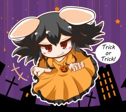Rule 34 | +++, 1girl, alternate color, animal ears, black hair, blush, building, commentary request, cross, dress, floppy ears, frilled dress, frilled sleeves, frills, full body, grin, halloween, inaba tewi, jack-o&#039;-lantern, jewelry, kajiya no masa, looking at viewer, medium hair, one-hour drawing challenge, orange dress, pendant, purple background, rabbit ears, red eyes, smile, solo, star (symbol), touhou, trick or treat
