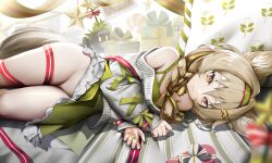 Rule 34 | 1girl, animal ears, arknights, bare shoulders, beanstalk (arknights), beanstalk (gift uncompleted) (arknights), braid, cleft of venus, clothes lift, dress, dress lift, green dress, green hairband, grey hair, groin, hairband, highres, leg ribbon, long hair, long sleeves, lying, metal crab (arknights), no panties, nopetroto, off-shoulder sweater, off shoulder, official alternate costume, on back, on side, pussy, red ribbon, ribbon, short dress, single braid, solo, sweater, tail, thigh ribbon, thighs, uncensored