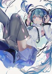 Rule 34 | 1girl, absurdres, blue eyes, blue hair, boots, breasts, detached sleeves, hair between eyes, hatsune miku, headphones, high heel boots, high heels, highres, iatear, long hair, looking at viewer, skirt, small breasts, solo, thigh boots, thighhighs, twintails, very long hair, vocaloid