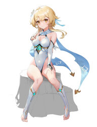 Rule 34 | 1girl, bare shoulders, blonde hair, blush, breasts, cleavage, covered navel, detached sleeves, feather hair ornament, feathers, flower, genshin impact, hair flower, hair ornament, highleg, highleg swimsuit, highres, large breasts, looking at viewer, lumine (genshin impact), medium hair, one-piece swimsuit, pjman, scarf, sidelocks, sitting, solo, stirrup legwear, swimsuit, thighhighs, toeless legwear, white one-piece swimsuit, white scarf, white thighhighs, yellow eyes