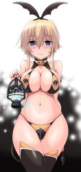 Rule 34 | 1girl, arm behind back, bare shoulders, bikini, black background, blonde hair, blue eyes, blue fire, blush, breasts, cleavage, collar, collarbone, curvy, female focus, fire, fire, hairband, halloween, kokorono arika, lantern, large breasts, looking at viewer, navel, original, pointy ears, pumpkin, simple background, solo, standing, swimsuit, thighhighs, walking, wavy mouth, white background, wide hips