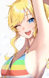 Rule 34 | 1girl, ;d, absurdres, arm up, ban (puka 0507), bikini, blonde hair, blue eyes, blush, breasts, highres, idolmaster, idolmaster cinderella girls, large breasts, looking at viewer, looking to the side, multicolored bikini, multicolored clothes, ohtsuki yui, one eye closed, open mouth, sideboob, sidelocks, simple background, smile, solo, splashing, striped bikini, striped clothes, swimsuit, upper body, white background
