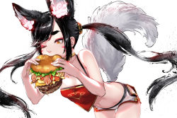 Rule 34 | animal ears, bare shoulders, black hair, breasts, burger, burger malfunction, chinese clothes, choker, commentary, dudou, eating, english commentary, eyeshadow, facial mark, flower, food, food in mouth, fox ears, fox girl, fox tail, holding, holding food, hu-er (robot cat), leaning forward, long hair, makeup, medium breasts, navel, one eye closed, orange eyes, original, pink flower, red eyeshadow, robot cat (robotcatart), short shorts, shorts, solo, standing, stomach, tail, thick eyebrows, twintails, whisker markings, white shorts, yellow choker