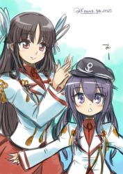 Rule 34 | 2girls, akatsuki (kancolle), black hair, blue eyes, brown eyes, cosplay, hiyou (kancolle) (cosplay), hiyou (kancolle), kantai collection, krono tokage, long hair, multiple girls, outstretched arms, skirt, smile, triangle mouth