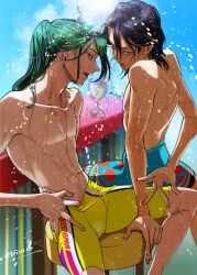 Rule 34 | abs, arm held back, backlighting, bare back, blue eyes, blue hair, blue male swimwear, blue sky, clothes pull, collarbone, from side, green eyes, green hair, hand on chair, hand on own hip, light frown, looking at viewer, makishima yuusuke, male focus, male swimwear, mojisan (ebimo), multicolored hair, on stool, one eye closed, pants, pants pull, parted lips, pectorals, ponytail, ribs, sidelocks, sitting, sky, streaked hair, sunlight, teeth, toudou jinpachi, upper body, upper teeth only, water, water drop, waterpark, wet, wet hair, yaoi, yellow male swimwear, yowamushi pedal