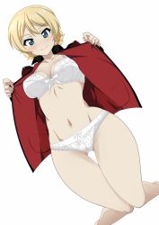 Rule 34 | 10s, 1girl, blonde hair, blue eyes, blush, bow, bow bra, bow panties, bra, braid, breasts, crotch seam, darjeeling (girls und panzer), dutch angle, epaulettes, full body, girls und panzer, gluteal fold, highres, jacket, kneeling, kurosawa shouichi, lace, lace-trimmed bra, lace-trimmed panties, lace trim, long sleeves, looking at viewer, medium breasts, military, military jacket, military uniform, navel, no pants, open clothes, open jacket, open mouth, panties, red jacket, short hair, simple background, smile, solo, st. gloriana&#039;s military uniform, thigh gap, thighs, twin braids, underwear, undressing, uniform, white background, white bra, white panties